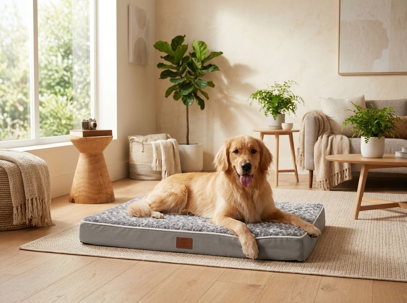 Outdoor waterproof dog bed with water beading on a patio surface