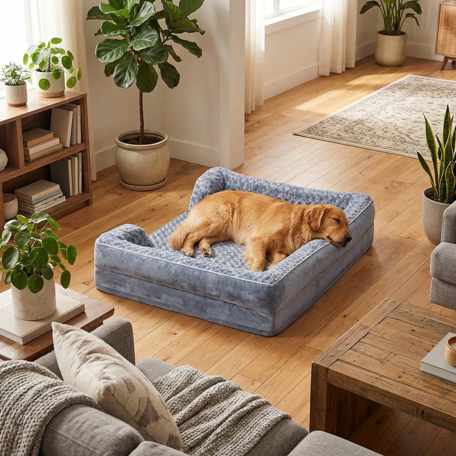 Bolster dog bed helping a senior dog's joints