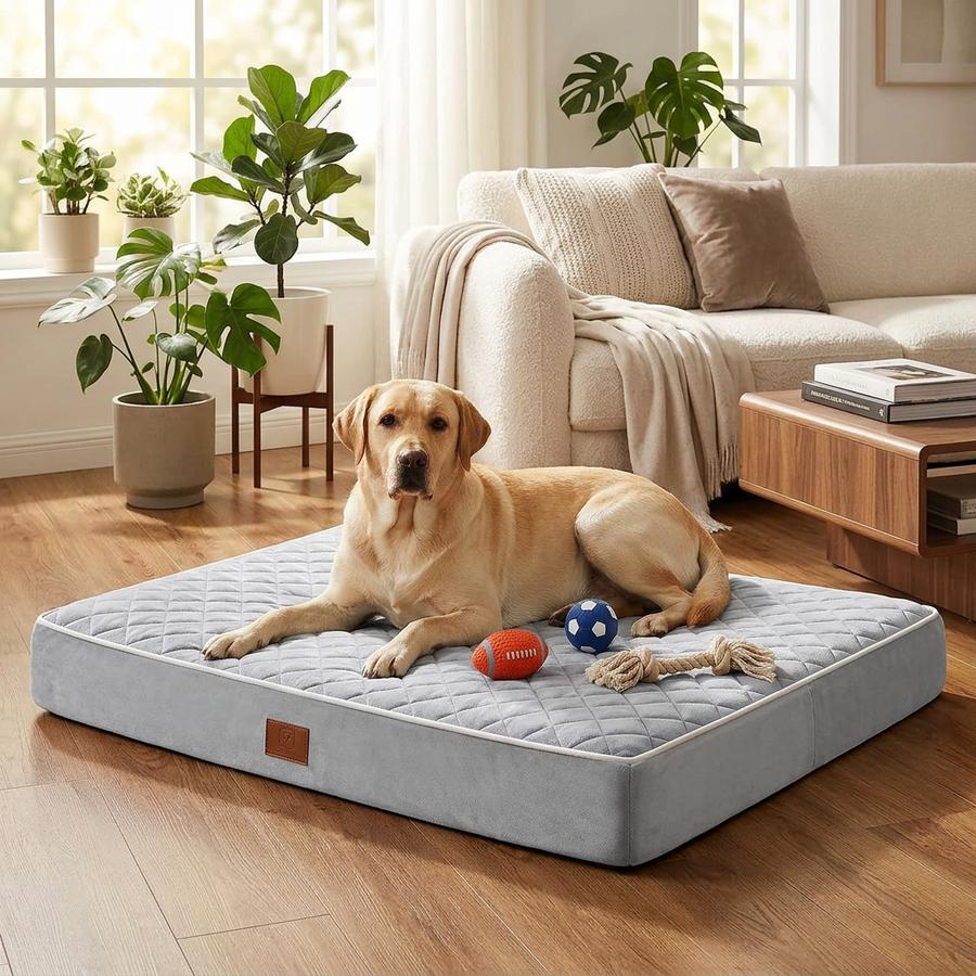 Senior dog resting on orthopedic bed