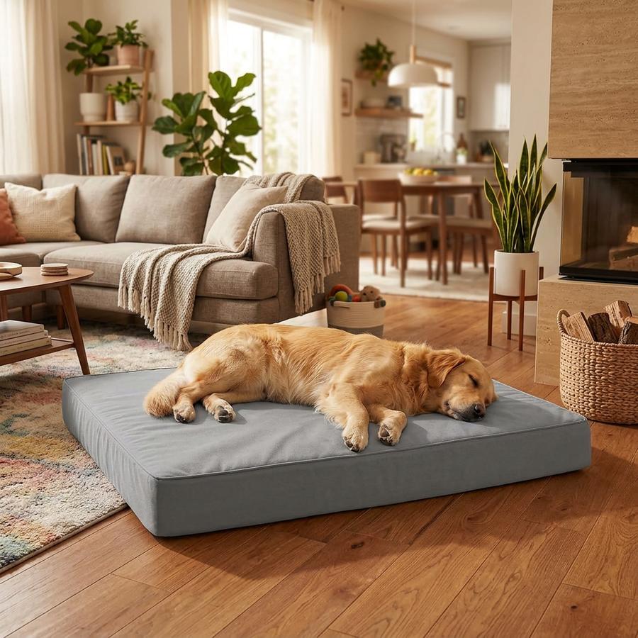 Outdoor Waterproof Dog Bed on a wood deck